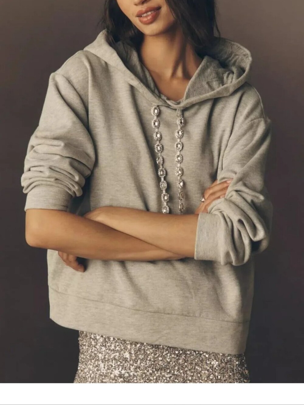 By Anthropologie Gray Rhinestone Hooded Sweatshirt with Jeweled Drawstrings Sz S